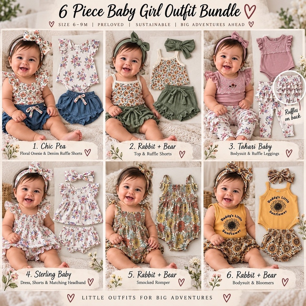 Baby Girl Lot 6-9M 6 Outfits Rabbit + Bear Organic Tahari Sterling Chic Pea